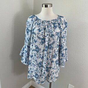 Chaps Womens XL Blue White Floral Peasant Top Boho Lightweight Blouse Shirt